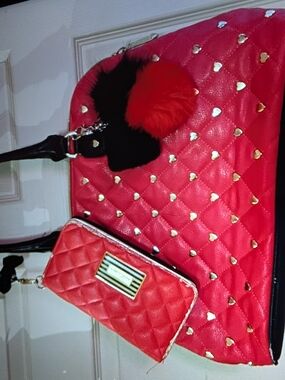 Betsey Johnson Red Quilted Heart Stud Tote with Matching Wallet
